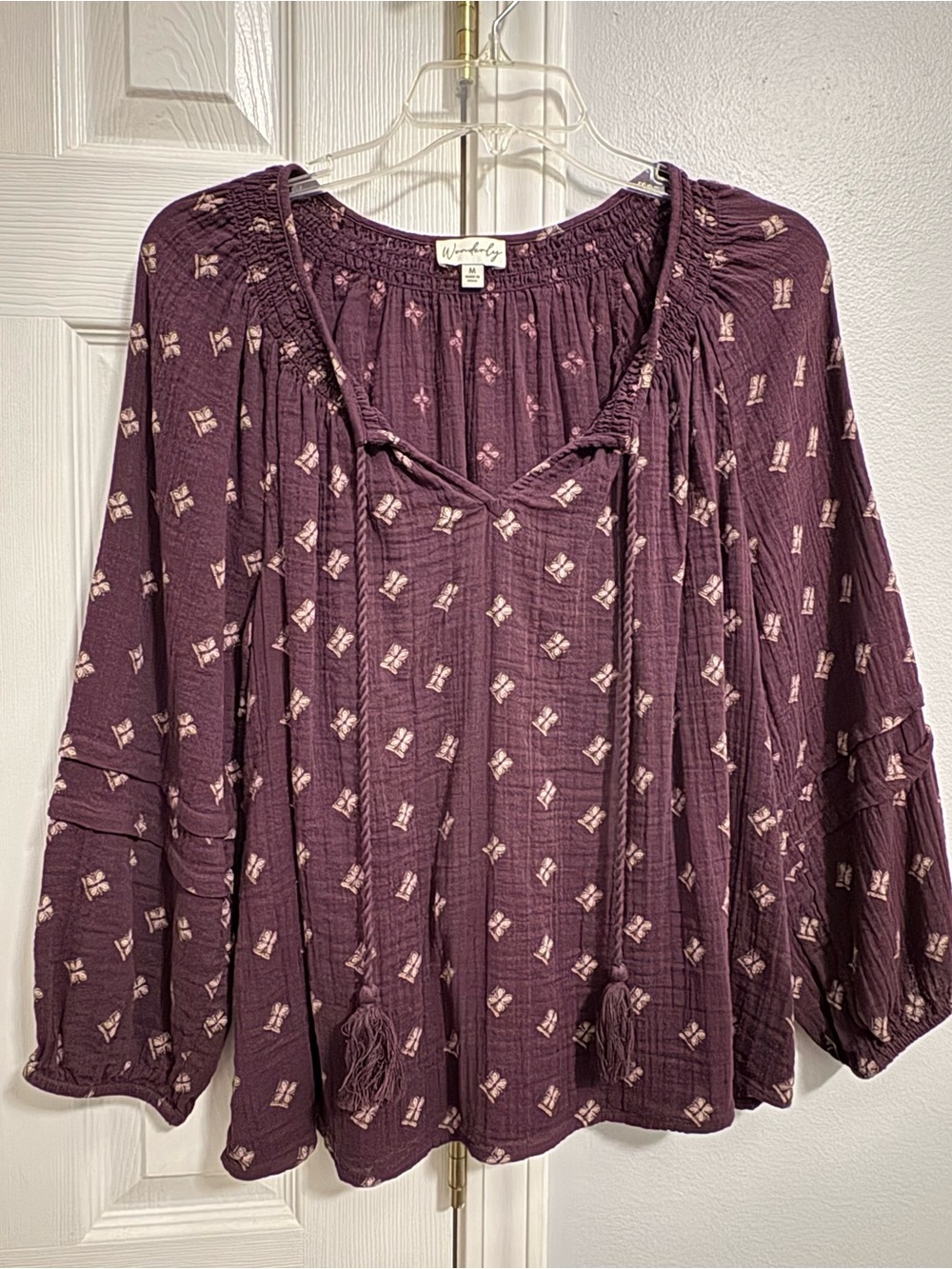 Wonderly Plum Printed Peasant Tunic with Tasseled Ties